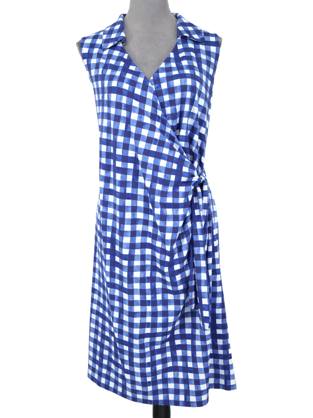 Talbots Dress Plus Size 1X Blue White Check Stretch Faux Wrap Side Tie Nautical